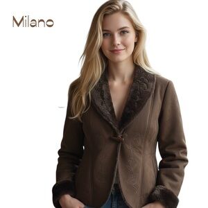 Essentials by Milano Vegan Suede & Fur Embroidered Coat Size L